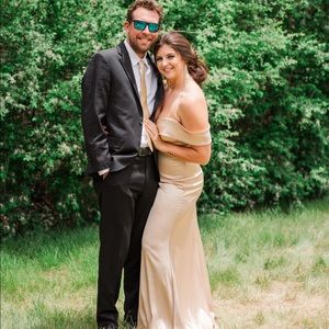 Revelry Bardot Dress in Gold Champagne